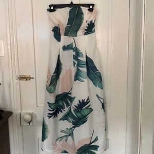 Palm print strapless jumpsuit